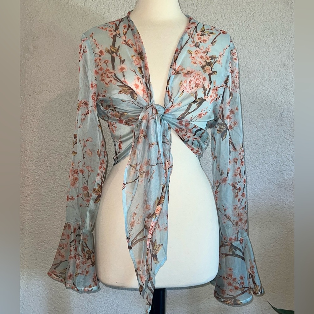 Missguided Floral Tie-Front Blouse - Blue and Pink